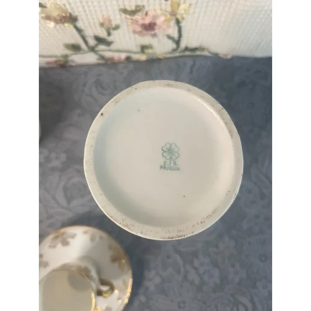 Antique C.S. Prussia Porcelain Chocolate Demitasse Set 11 Pc White Gold Art
